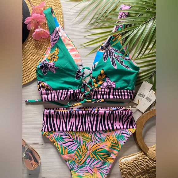 RARE Maaji 💚 Reversible Animal Print Floral 4-Way Top | High Rise Bikini Bottom - Picture 6 of 16